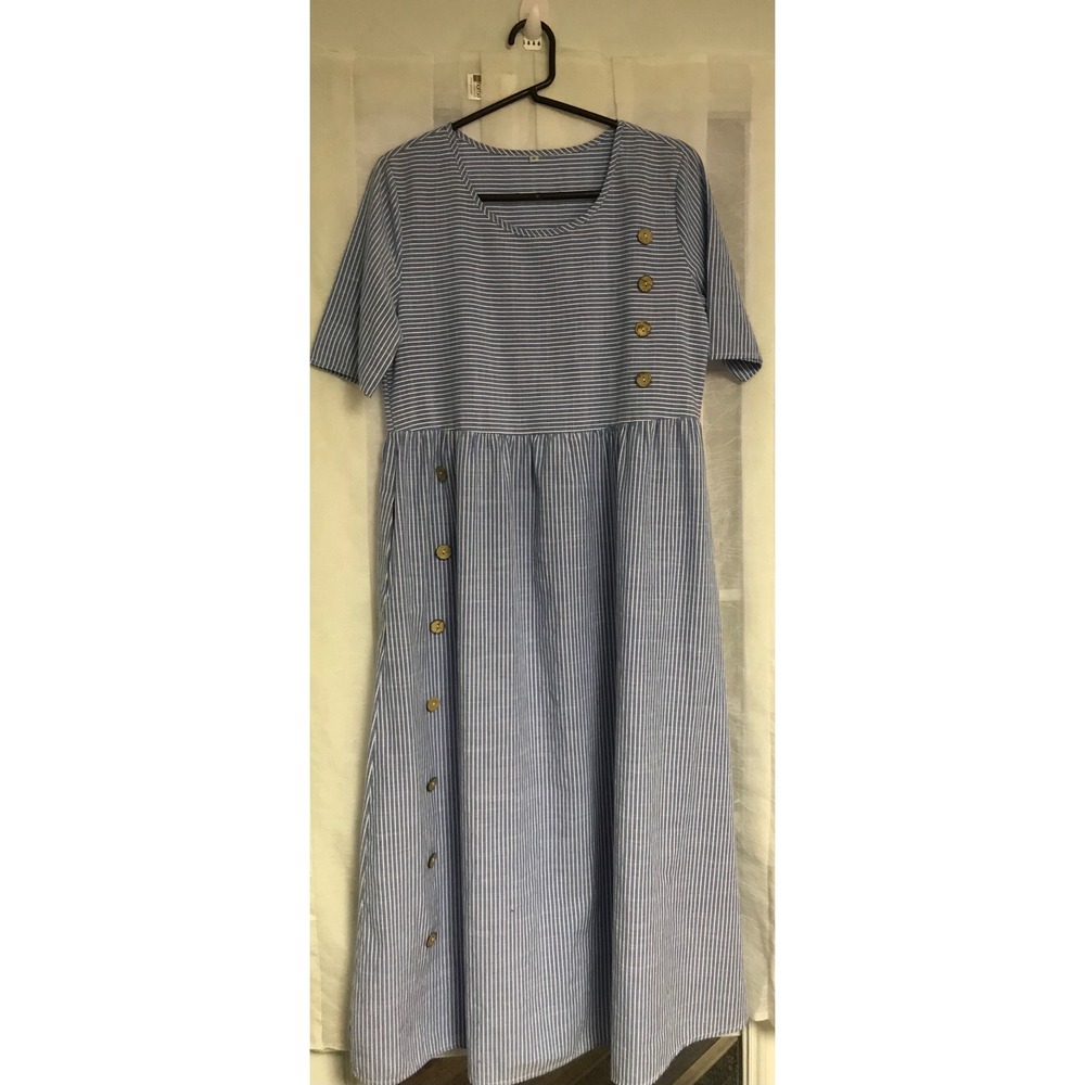 Unbranded Blue White Striped 100% Cotton Midi Dress Short Sleeve Wood Buttons M - Picture 1 of 5